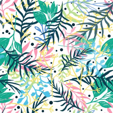 Elle çizilmiş tropik palmiye yaprakları ve orman bitkileriyle kusursuz desen. Beyaz arkaplanda renkli yay deseni