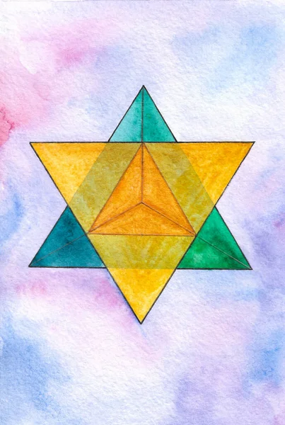水彩画 梅尔卡巴 神圣的几何图形 — 图库照片