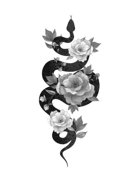 Hand Drawn Snake Watercolor Tehnique Peony Flowers Leaves Tattoo Snake — Stock Photo, Image