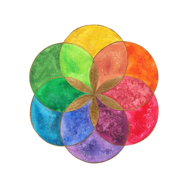 Акварельный Цветок Жизни Сакральная Геометрия Радужным Спектром Иллюстрация Выделена Белом — стоковое фото