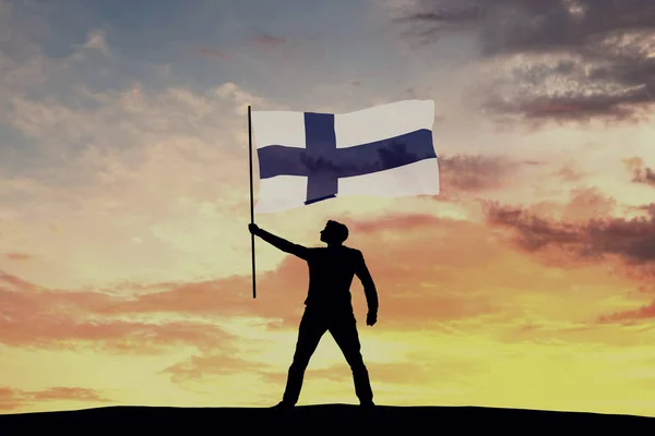 Figura Sagoma Maschile Sventola Bandiera Finlandese Rendering — Foto Stock
