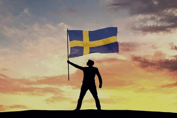 Figura Silhueta Masculina Acenando Bandeira Suécia Renderização — Fotografia de Stock