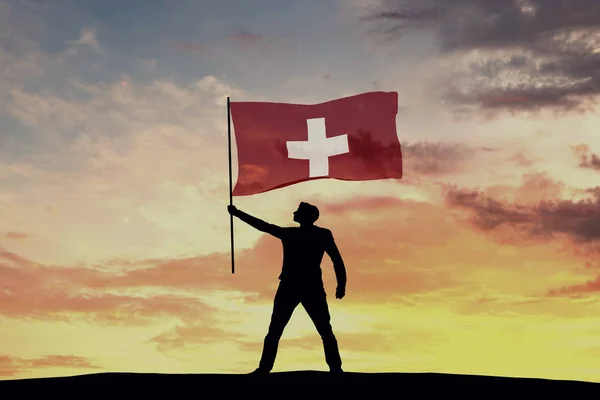 Figura Sagoma Maschile Sventola Bandiera Svizzera Rendering — Foto Stock