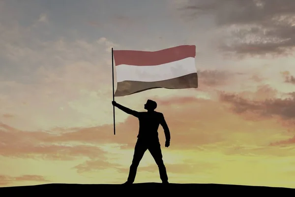 Męska Sylwetka Machająca Jemeńską Flagą Renderowanie — Zdjęcie stockowe