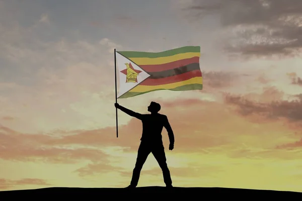 Figura Sagoma Maschile Sventola Bandiera Dello Zimbabwe Rendering — Foto Stock