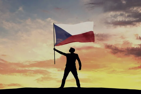 Man Silhouet Figuur Zwaaien Tsjechische Republiek Vlag Rendering — Stockfoto