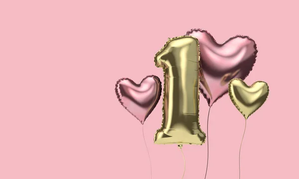 Happy 1st birthday party celebration balloons with hearts. 3D Render — ストック写真