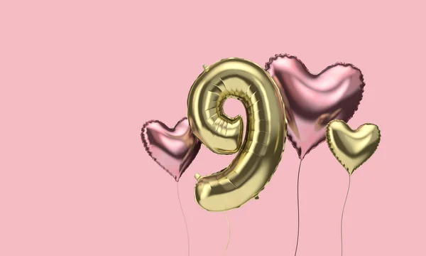 Χαρούμενα μπαλόνια εορτασμού 9ων γενεθλίων με καρδιές. 3d αποτύπωση — Φωτογραφία Αρχείου