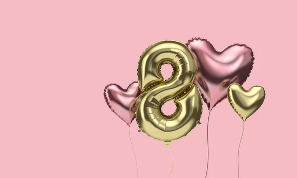 Feliz aniversário de 8 anos festa balões de celebração com corações. Renderização 3D — Fotografia de Stock