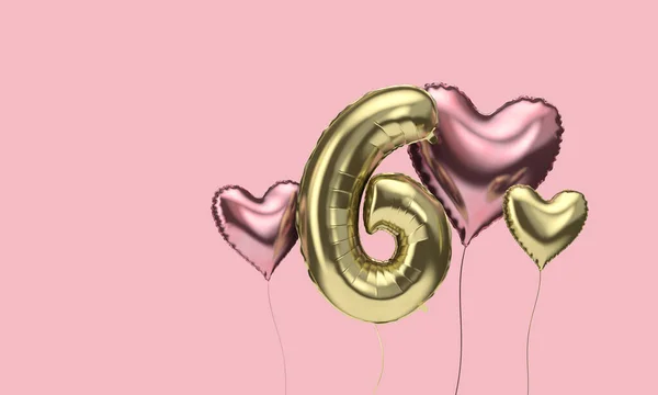 Feliz aniversário de 6 anos festa balões de celebração com corações. Renderização 3D — Fotografia de Stock