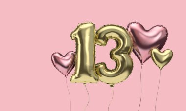 Happy 13th birthday party celebration balloons with hearts. 3D Render clipart