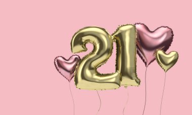 21. yaş günün kutlu olsun. Kalpli balonlar. 3d Hazırlama