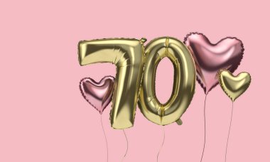 Happy 70th birthday party celebration balloons with hearts. 3D Render clipart