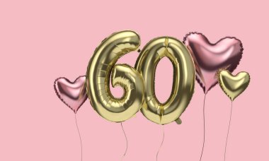 Happy 60th birthday party celebration balloons with hearts. 3D Render clipart