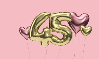 Mutlu 45. yaş günü balonları ve kalpler. 3d Hazırlama