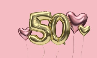 Mutlu 50. yaş günü balonları ve kalpler. 3d Hazırlama
