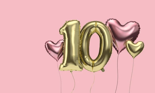 Joyeux 10e anniversaire fête ballons avec des cœurs. Expéditeur 3D — Photo