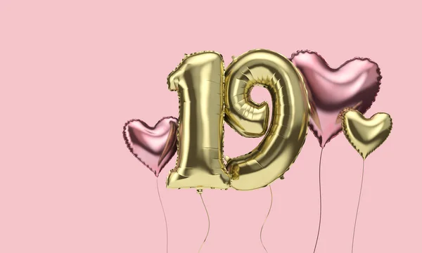 Χαρούμενα μπαλόνια εορτασμού 19ων γενεθλίων με καρδιές. 3d αποτύπωση — Φωτογραφία Αρχείου
