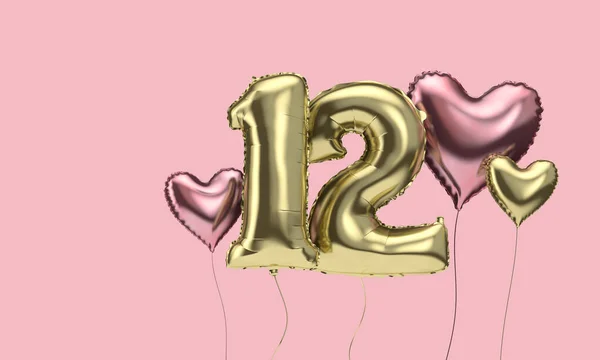 Joyeux 12e anniversaire fête ballons avec des cœurs. Expéditeur 3D — Photo