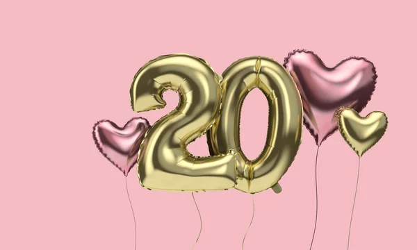 Happy 20th birthday party celebration balloons with hearts. 3D Render — Stockfoto