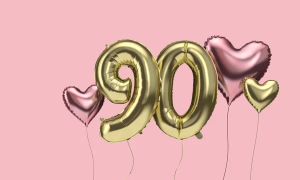 Feliz aniversário de 90 anos festa balões de celebração com corações. Renderização 3D — Fotografia de Stock