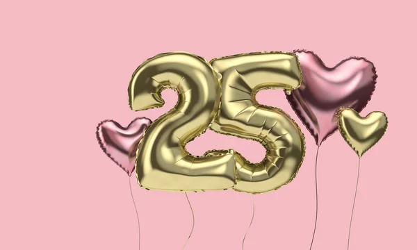 Χαρούμενα μπαλόνια εορτασμού 25ων γενεθλίων με καρδιές. 3d αποτύπωση — Φωτογραφία Αρχείου