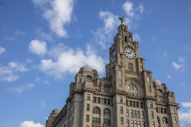 View of the iconic Royal Liver Building in Liverpool, UK