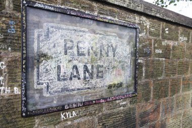 Penny Lane yol tabelası. Liverpool 'da popüler bir turizm merkezi, Uk