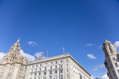 View of the iconic Royal Liver Building in Liverpool, UK