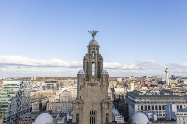 Liverpool, Uk - 30 Ekim 2019: Kraliyet Karaciğer Binası ve Liverpool City ufuk çizgisinin yüksek hava manzarası