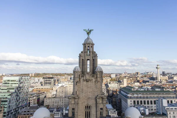Liverpool, UK - October 30 2019: High aerial view of the Royal Liver Building and Liverpool City skyline — Stock Photo, Image