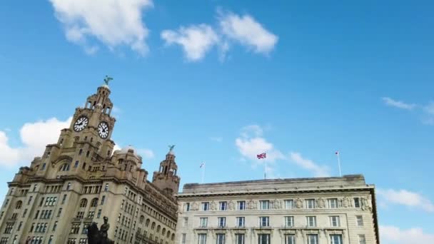Liverpool, Royaume-Uni - 30 octobre 2019 : Vue de l'emblématique Royal Liver Building à Liverpool, Royaume-Uni — Video