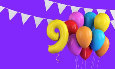 9. yaş günün kutlu olsun renkli parti balonları ve kiraz kuşu. 3d Hazırlama