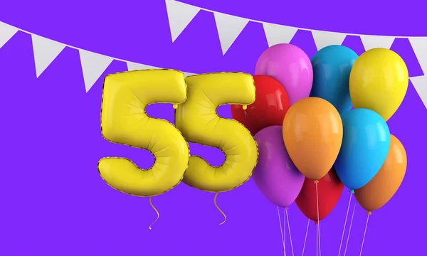 Buon 55esimo compleanno palloncini festa colorati e bunting. Render 3D — Foto Stock