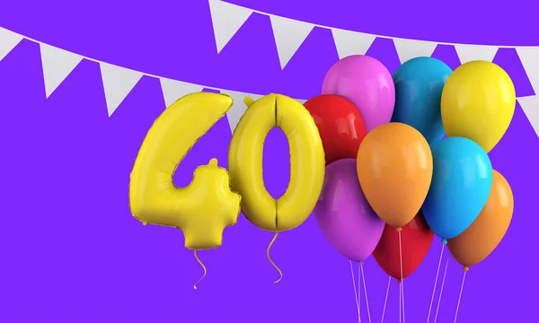快乐40岁生日彩色派对气球和束腰。 3d渲染 — 图库照片