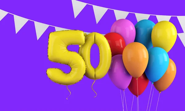 Feliz cumpleaños 50 globos de fiesta de colores y bunting. Renderizado 3D —  Fotos de Stock