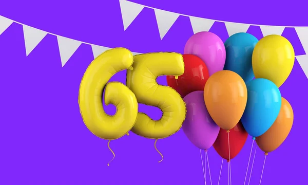 Happy 65th birthday colorful party balloons and bunting. 3D Render