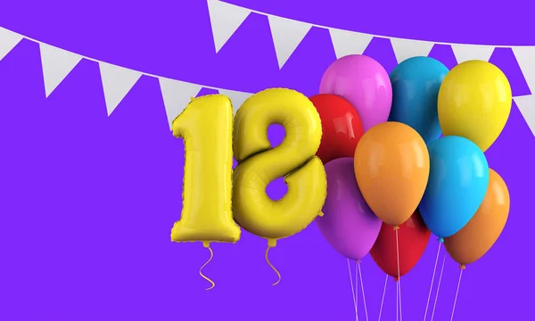 Buon 18 compleanno palloncini festa colorati e bunting. Render 3D — Foto Stock