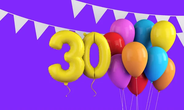 Feliz 30 cumpleaños coloridos globos de fiesta y bunting. Renderizado 3D — Foto de Stock