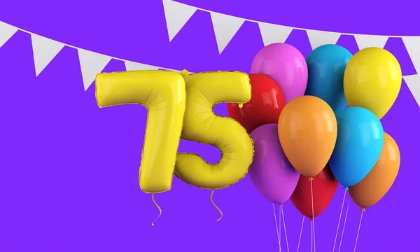 Happy 75th birthday colorful party balloons and bunting. 3D Render