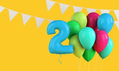 Mutlu 2. yaş günü renkli parti balonları ve kiraz kuşu. 3d Hazırlama