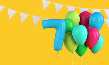 Yedinci yaş günün kutlu olsun renkli parti balonları ve kiraz kuşu. 3d Hazırlama