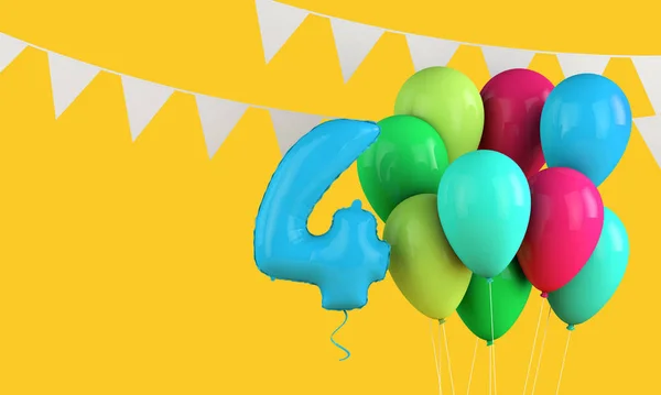 Szczęśliwych 4 urodziny kolorowe balony party i bunting. 3d Renderowanie — Zdjęcie stockowe