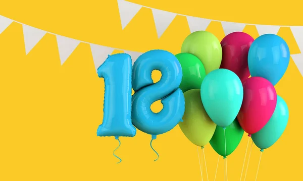 Feliz cumpleaños 18 globos de fiesta de colores y bunting. Renderizado 3D — Foto de Stock