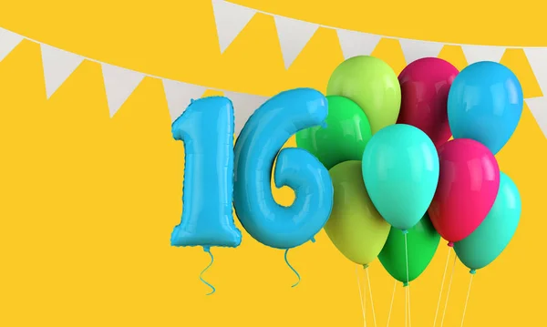 Happy 16th birthday colorful party balloons and bunting. 3D Render — Stock Photo, Image