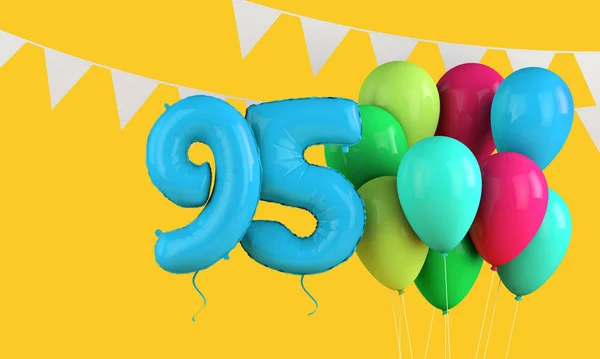 Szczęśliwych 95 urodziny kolorowe balony party i bunting. 3d Renderowanie — Zdjęcie stockowe