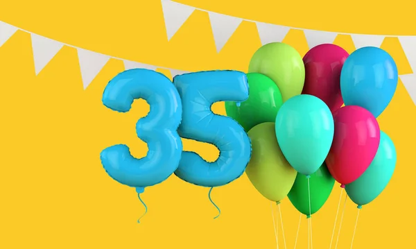 Joyeux 35e anniversaire ballons de fête colorés et bunting. Expéditeur 3D — Photo