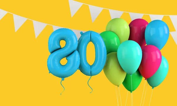 Feliz aniversário de 80 anos balões de festa coloridos e bunting. Renderização 3D — Fotografia de Stock