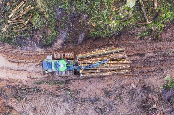 Bois transporté le long d'une voie boueuse par de la machinerie lourde. Vue aérienne — Photo