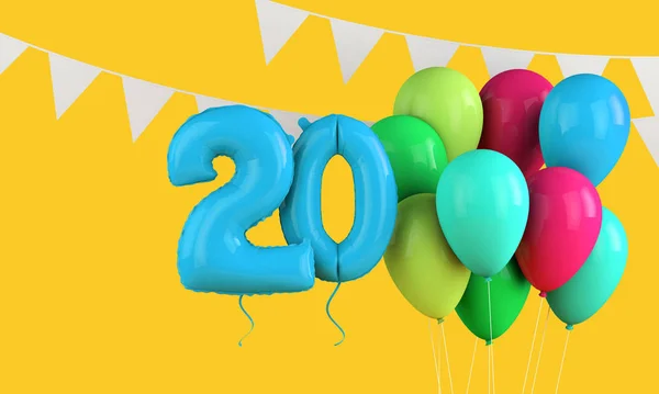 20岁生日快乐五彩缤纷的派对气球和束腰。 3d渲染 — 图库照片